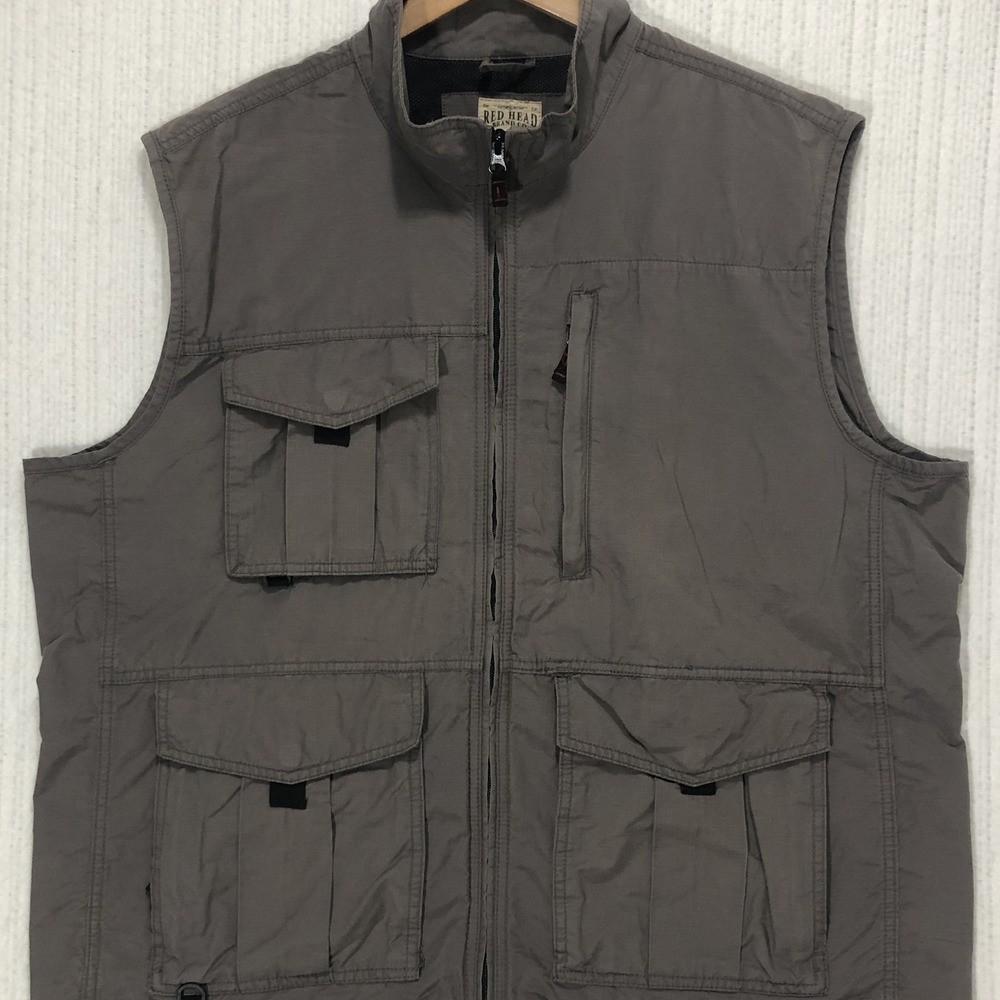Red Head Brand Co Mens XL Gray Ripstop Utility Fishing Cargo Vest Full Zip